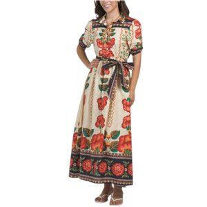 CELINA MOON Short Sleeve Floral Maxi Dress With Belt